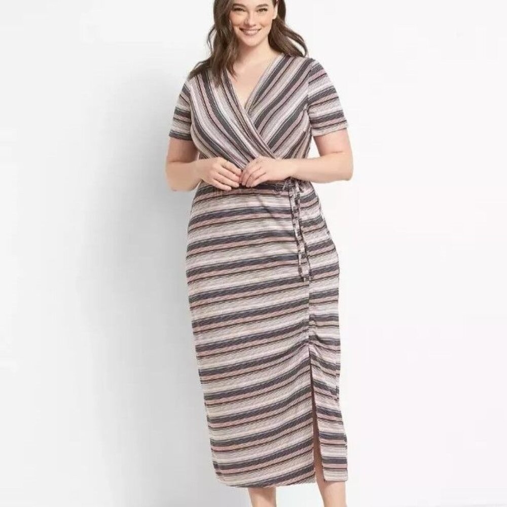 Lane Bryant Faux Wrap Maxi Dress Size 18/20 Striped Short-Sleeve Ruched VGUC